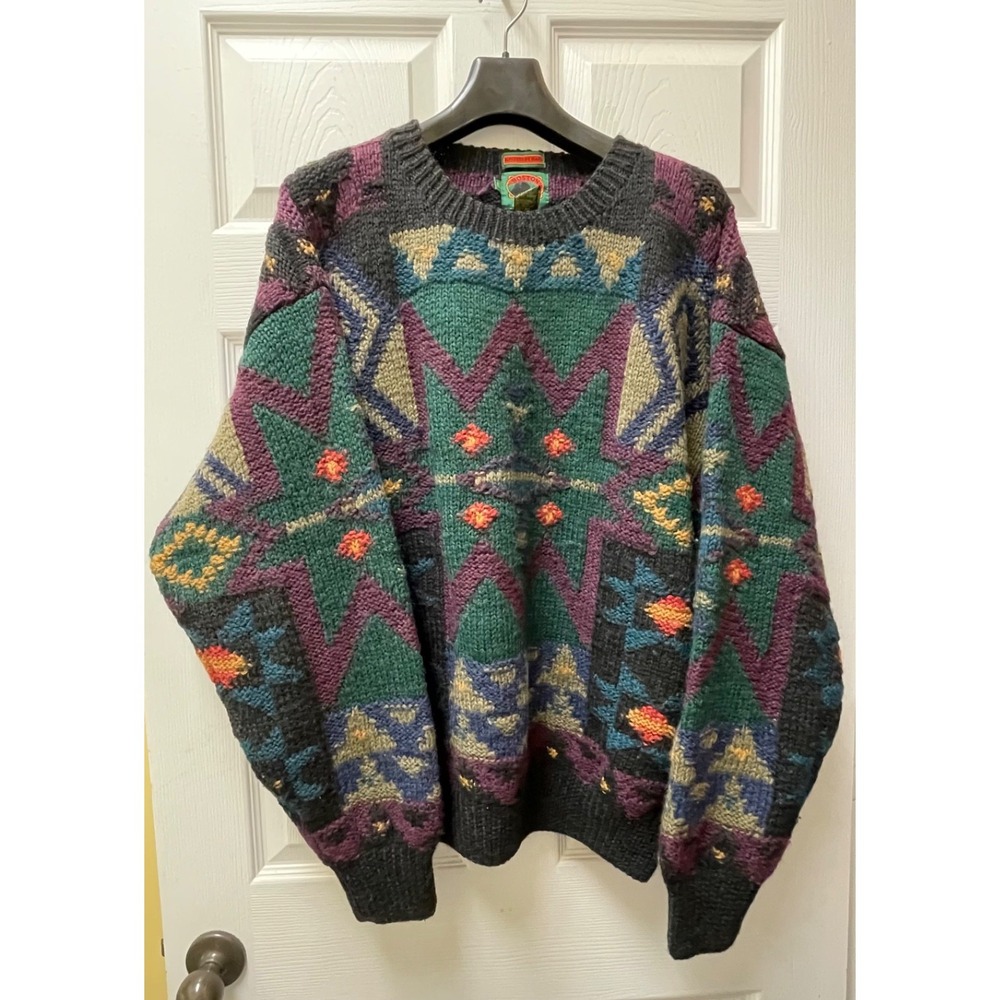 Vintage Boston Traders Men's Large Wool Hand Knit Chunky Sweater 90's Maximalist - Picture 2 of 11